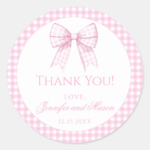 Rosa Gingham Bogen Mädchen Dusche danke Runder Aufkleber
