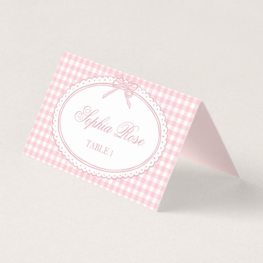 Rosa Gingham Coquette Bogen Tischdeko Namenskarte (Vorderseite)