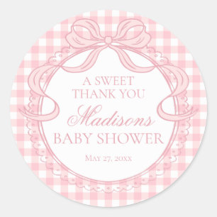 Rosa Gingham Coquette-Schleife Baby Shower Geschen Runder Aufkleber