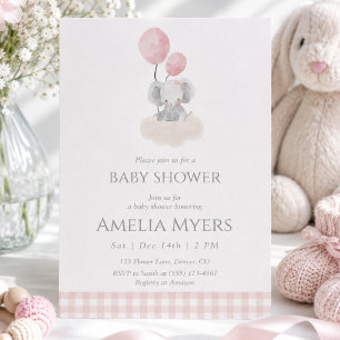 Rosa Gingham-Elefant auf Wolken-Baby-Party Einladung