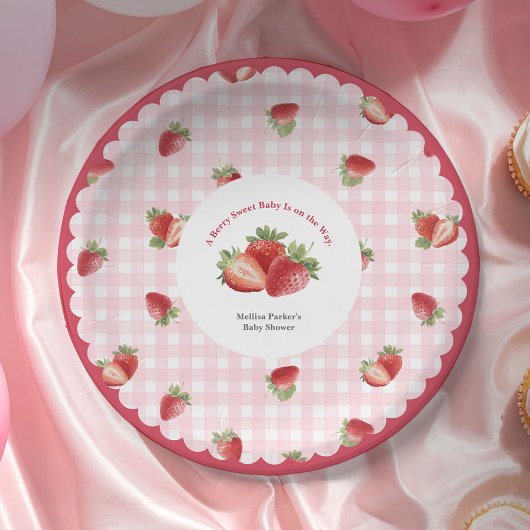 rosa Gingham-Erdbeer-Baby-Mädchen-Party Pappteller