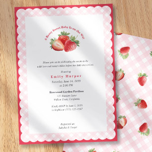 Rosa Gingham-Erdbeer-Süße-Baby-Party Einladung