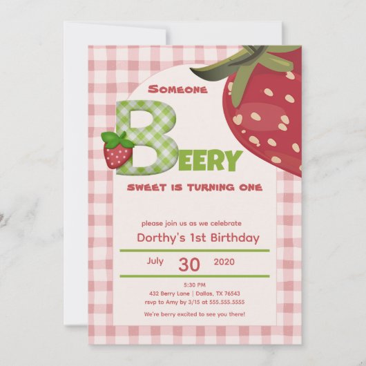 Rosa Gingham Erdbeere Erste Geburtstags Einladung (Vorderseite)