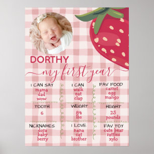 Rosa Gingham-Erdbeere Erster Geburtstag Meilenstei Poster