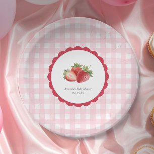 Rosa Gingham-Erdbeeren-Themen-Mädchen-Baby-Party Pappteller