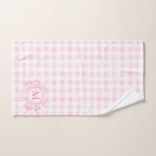 Rosa Gingham Floral Wappen Monogram Badhandtuch Set (Handtuch)