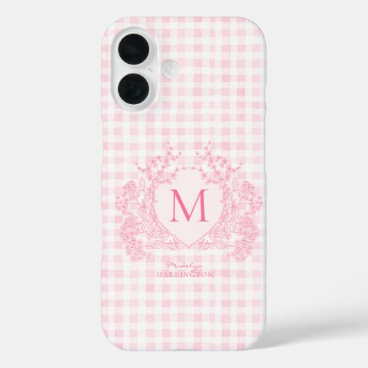 Rosa Gingham Floral Wappen Monogram Case-Mate iPhone Hülle (Rückseite)