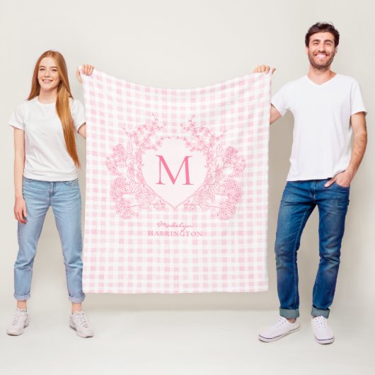Rosa Gingham Floral Wappen Monogram Fleecedecke (Beispiel)