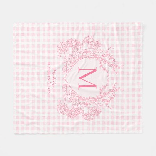 Rosa Gingham Floral Wappen Monogram Fleecedecke (Vorderseite (Horizontal))