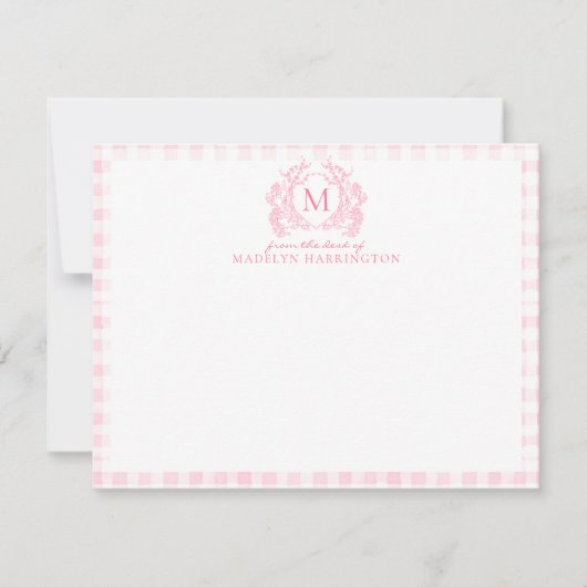 Rosa Gingham Floral Wappen Monogram Mitteilungskarte (Vorderseite)