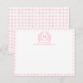 Rosa Gingham Floral Wappen Monogram Mitteilungskarte (Vorne/Hinten)