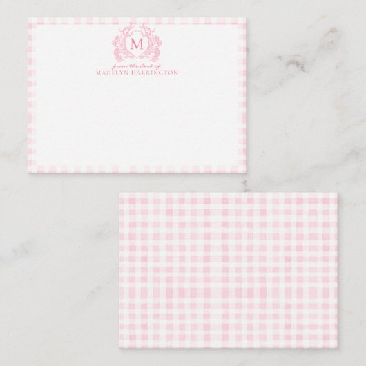 Rosa Gingham Floral Wappen Monogram Mitteilungskarte (Vorne/Hinten)
