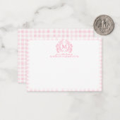 Rosa Gingham Floral Wappen Monogram Mitteilungskarte (Vorderseite/Rückseite Beispiel)