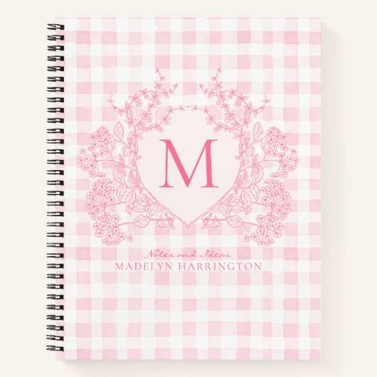 Rosa Gingham Floral Wappen Monogram Notizblock (Vorderseite)