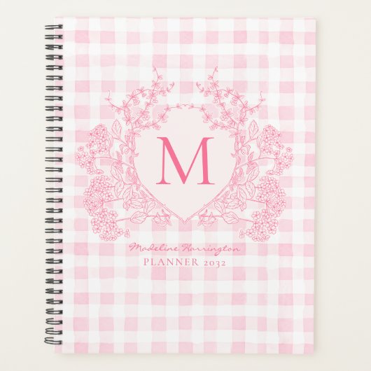 Rosa Gingham Floral Wappen Monogram Planer (Vorderseite)