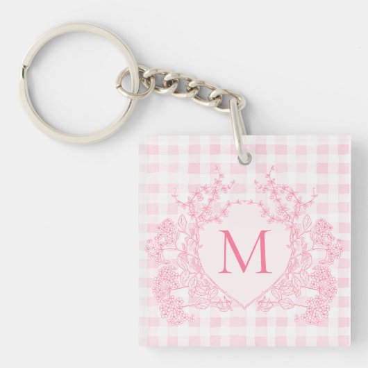Rosa Gingham Floral Wappen Monogram Schlüsselanhänger (Vorderseite)