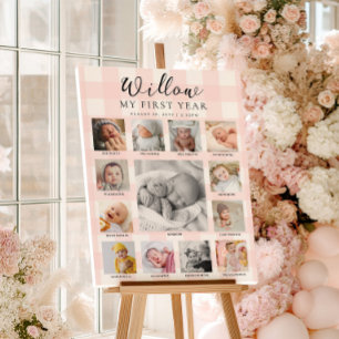 Rosa Gingham-Foto-Zeitstrahl zum ersten Geburtstag Poster