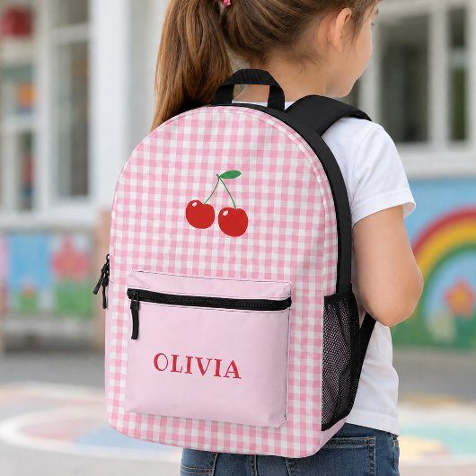 Rosa Gingham Fröhliche Kirsch Mädchen Bedruckter Rucksack