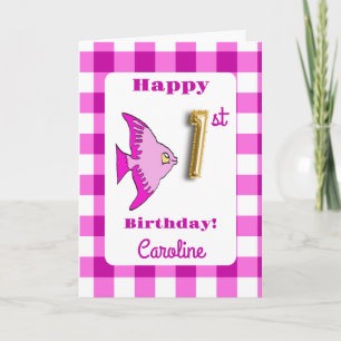 Rosa Gingham-Goldfolien-Ballon-Fisch 1. Geburtstag Karte