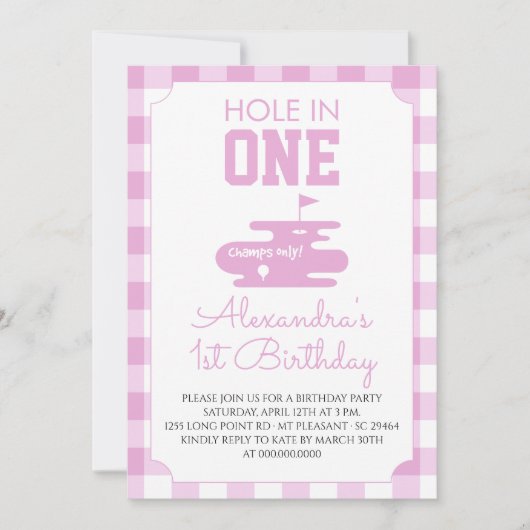 Rosa Gingham-Golf 1. Geburtstagsfeier Einladung (Vorderseite)