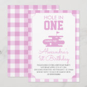 Rosa Gingham-Golf 1. Geburtstagsfeier Einladung (Vorne/Hinten)