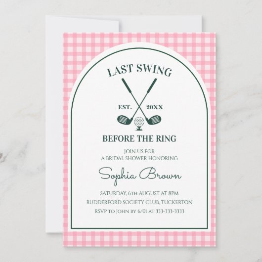 Rosa Gingham Grünbogen Golf Brautparty Einladung (Vorderseite)