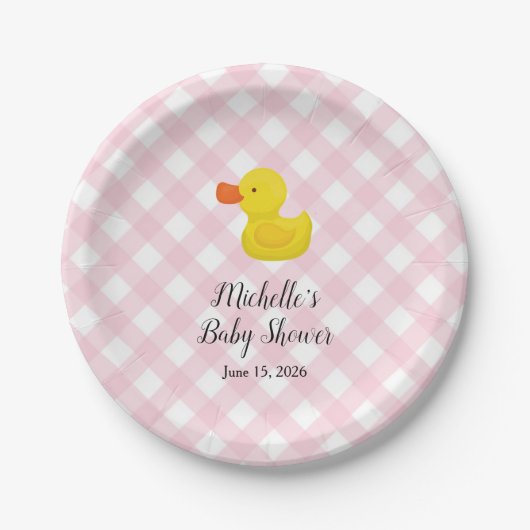 Rosa Gingham-Gummi-Enten-Baby-Party-Teller Pappteller (Vorderseite)