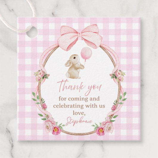 Rosa Gingham-Hasen-Blumen-Partygeschenkanhänger Geschenkanhänger (Vorderseite)