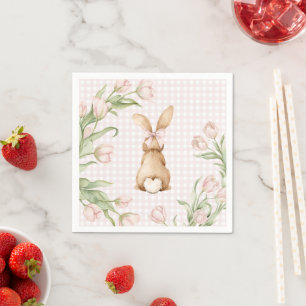 Rosa Gingham-Hasen-Tulpen-Blumenmuster Serviette