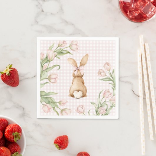 Rosa Gingham-Hasen-Tulpen-Blumenmuster  Serviette (Beispiel)