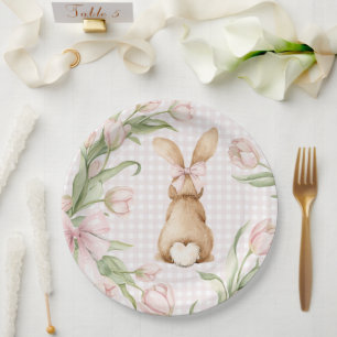 Rosa Gingham-Hasen-Tulpen Floral  Pappteller