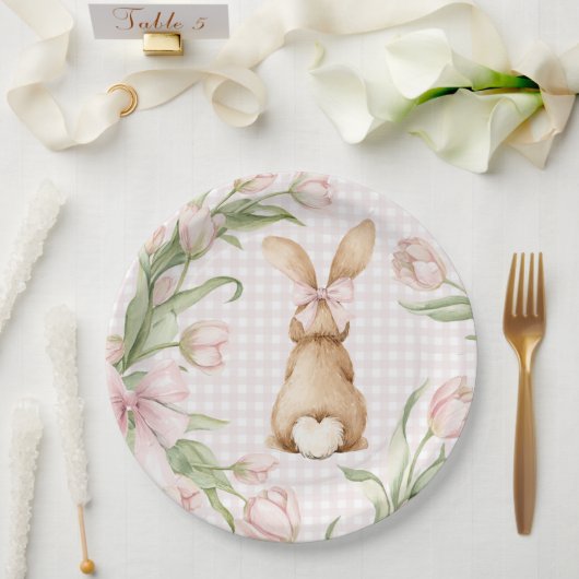 Rosa Gingham-Hasen-Tulpen Floral Pappteller (Hochzeit)