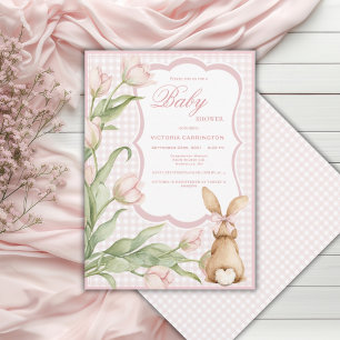 Rosa Gingham-Hasen-Tulpen Vintage-Baby-Einladung  Einladung
