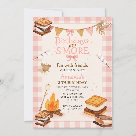 Rosa Gingham Herbst Camping Lagerfeuer Smores Einladung (Vorderseite)