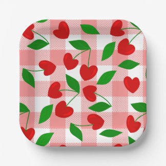 rosa Gingham Herzform Kirsche Rockabilly Pappteller