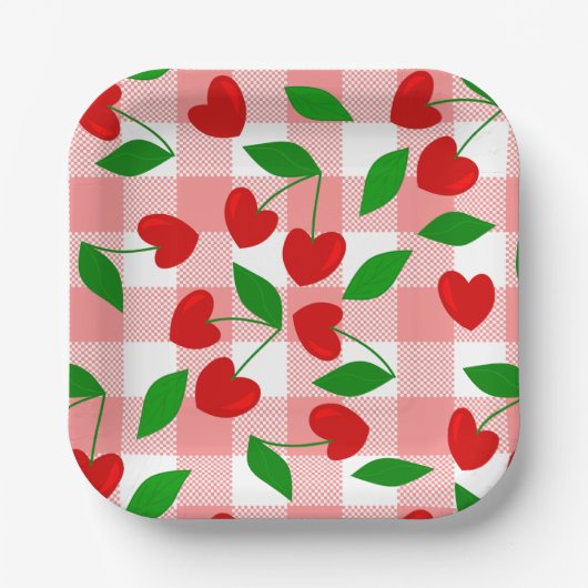 rosa Gingham Herzform Kirsche Rockabilly Pappteller (Vorderseite)