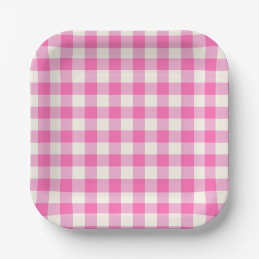 Rosa Gingham-Kariert Cottagecore Pappteller (Vorderseite)