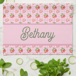 Rosa Gingham-Karo-Erdbeermuster Geschirrtuch