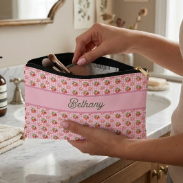Rosa Gingham-Karo-Erdbeermuster Zubehörtasche