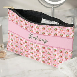 Rosa Gingham-Karo-Erdbeermuster Zubehörtasche
