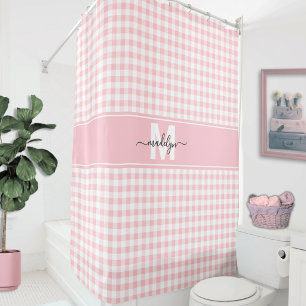 Rosa Gingham-Karo-Monogramm Duschvorhang