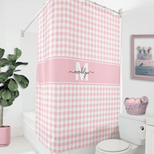 Rosa Gingham-Karo-Monogramm Duschvorhang
