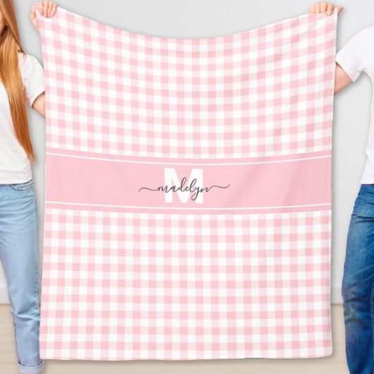 Rosa Gingham-Karo-Monogramm Fleecedecke
