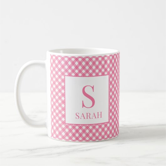 Rosa Gingham Karo Monogramm Name Kaffeetasse (Links)