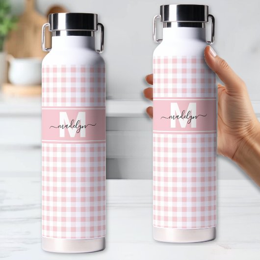 Rosa Gingham-Karo-Monogramm Trinkflasche