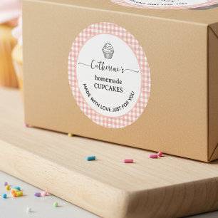 Rosa Gingham-Karo selbstgebackene Cupcake-Etikett Runder Aufkleber