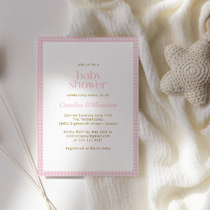 Rosa Gingham-Karo Süße Retro-Baby-Party für Mädche Einladung
