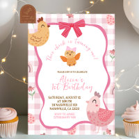 Rosa Gingham-Karoküken-Einladung zum 1. Geburtstag