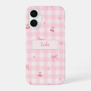 Rosa Gingham-Kirsch-Schleifen-Schriftzug-Design iPhone 16 Hülle