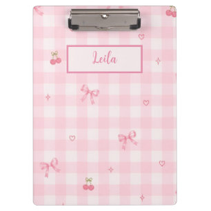 Rosa Gingham-Kirsch-Schleifen-Schriftzug-Design Klemmbrett
